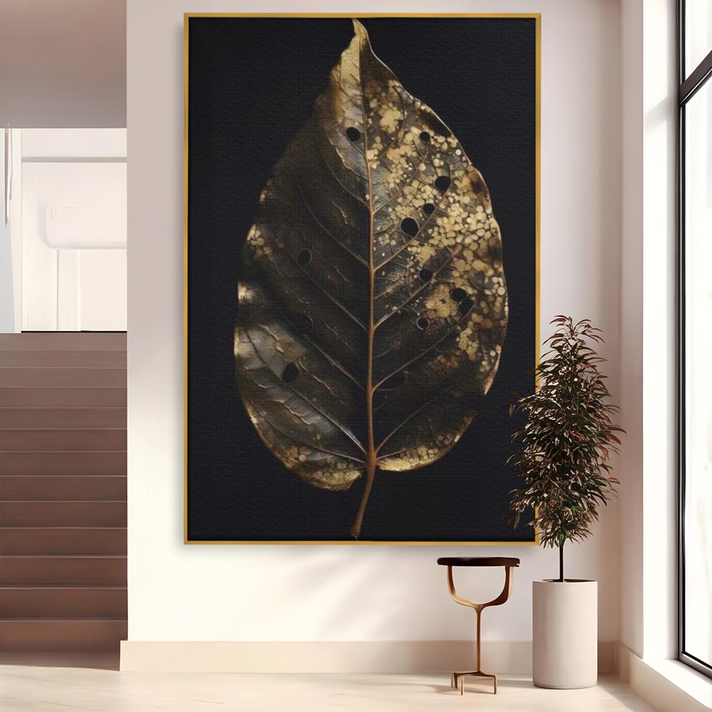 Tablou canvas cu tablou canvas cu frunza uscata, in rama de aluminiu auriu